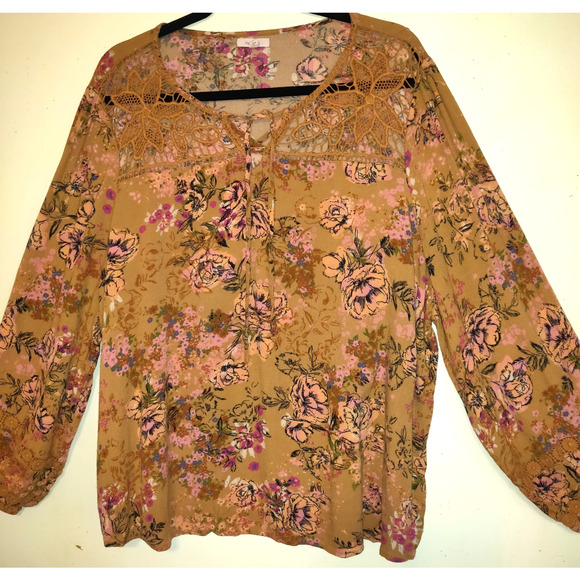 Maurices Tops - Maurice's Tunic Top Women's 2X Crochet BOHO Cottage Pink Floral Tan Lightweight